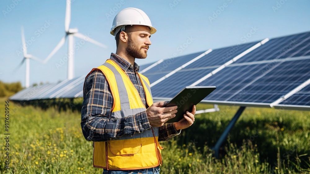 Renewable Energy Expertise: Engineer Monitoring Solar Panel Farm Renewable Energy Expertise: Engineer Monitoring Solar Panel Farm