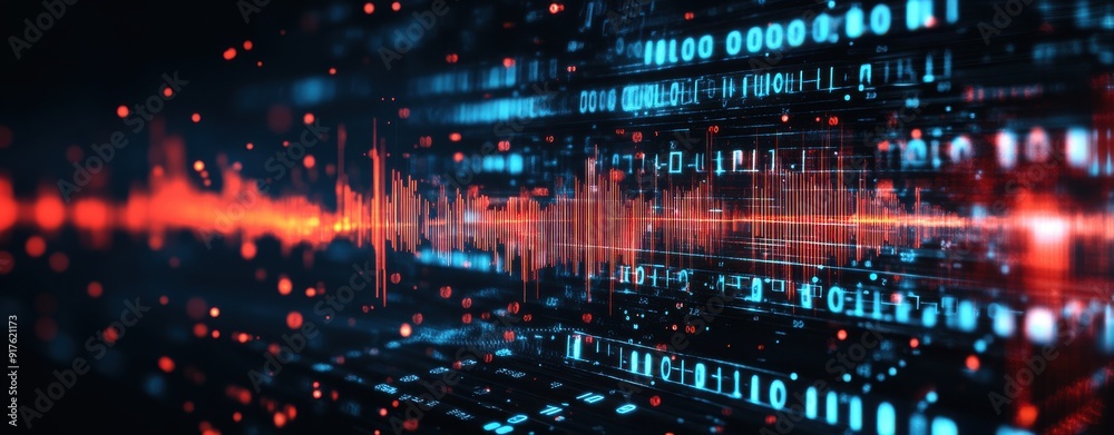 Digital sound wave with binary code background, black color theme, blurred dark background.
