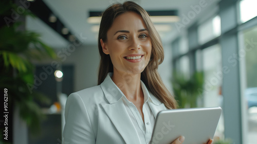 Young happy business woman working with tablet in corporate office