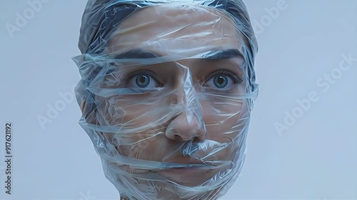 A woman's face is covered in plastic wrap, emphasizing a sense of suffocation and confinement.