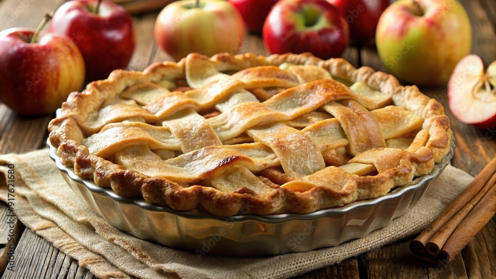 Closeup of a classic American apple pie with warm and inviting highlights on the flaky golden crust, apple, pie, dessert Closeup of a classic American apple pie with warm and inviting highlights on the flaky golden crust, apple, pie, dessert
