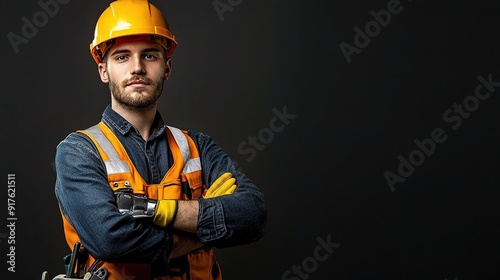 Confident Construction Professional - Portrait of a young construction worker in hard hat and safety gear against a dark background photo