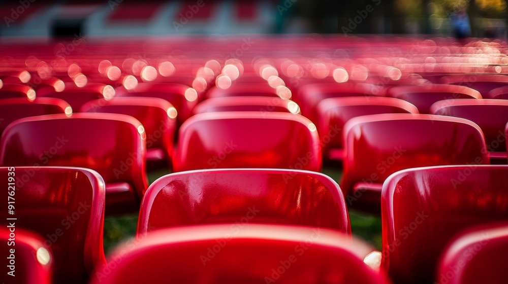 Obraz premium Red seats on the grandstand of the football stadium.
