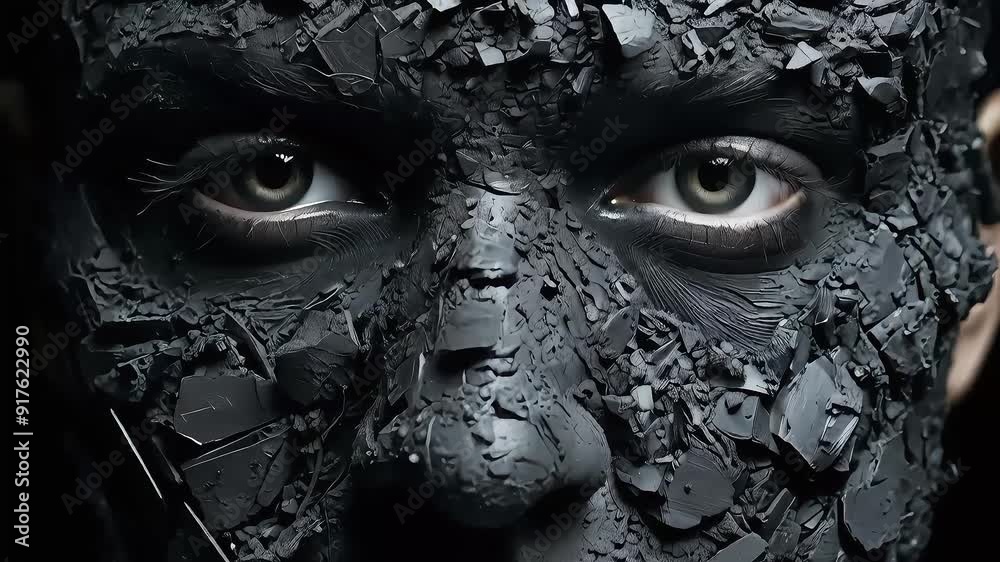 Close-up of a face covered in black, fragmented material.