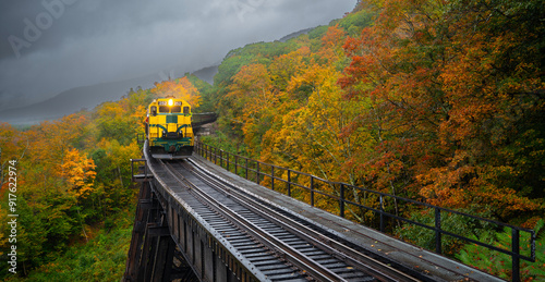 Scenic train at Trestle bridge in North Conway in Autumn, New Hampshire, USA