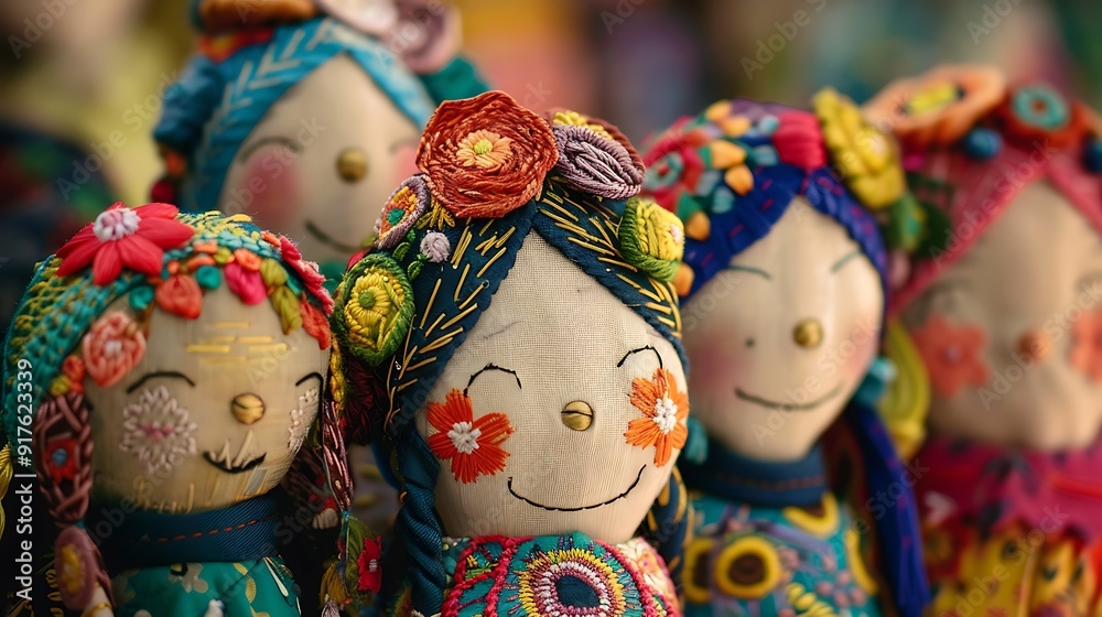 Fototapeta premium Handmade fabric dolls with embriodered faces and colorful clothing.