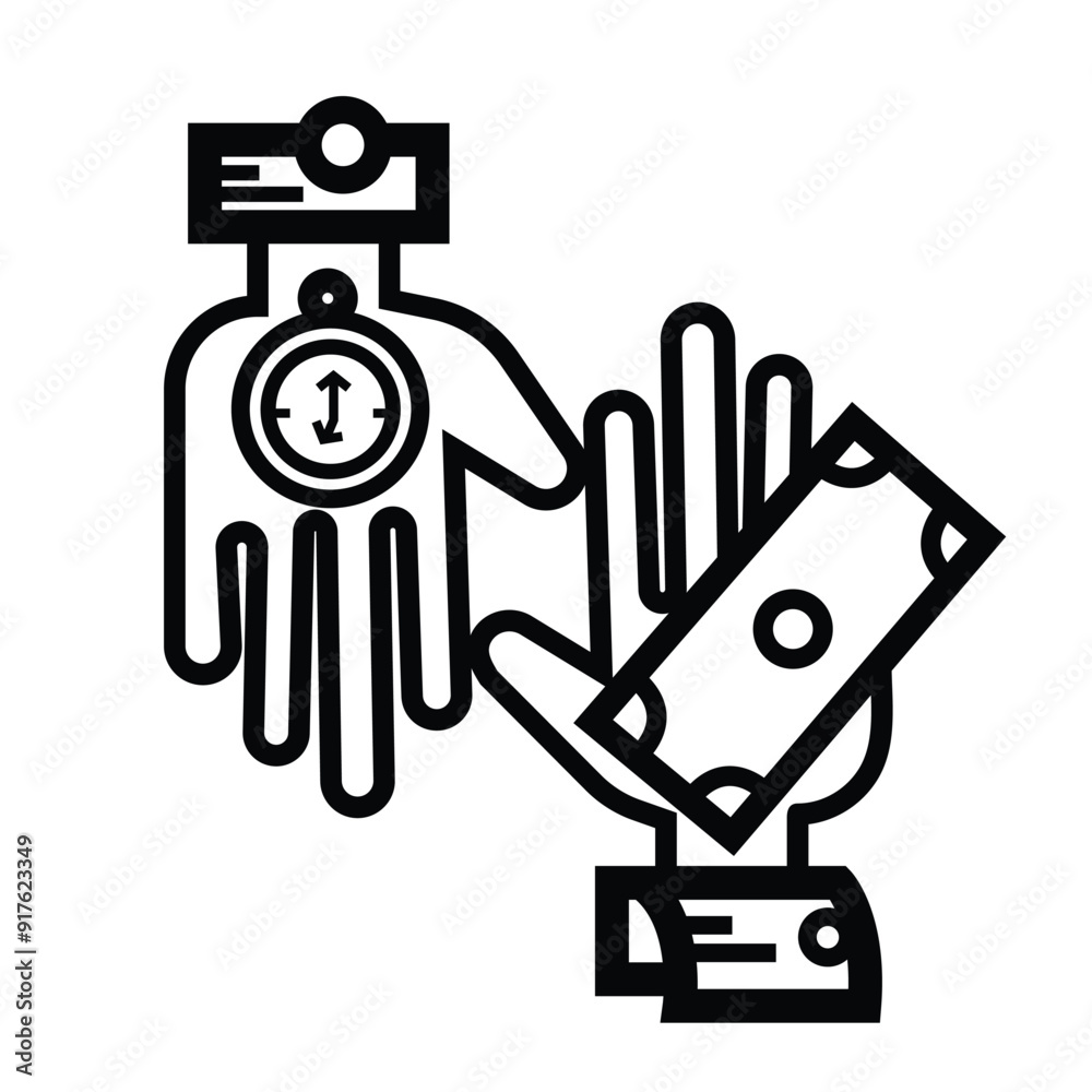 Time equals money. Hands, clock, and money icon illustration isolated on square white background. Simple flat outlined cartoon art styled drawing. Time equals money. Hands, clock, and money icon illustration isolated on square white background. Simple flat outlined cartoon art styled drawing.