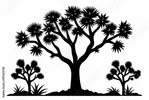 
Joshua tree, black silhouette of joshua tree, cacti, agaves, and prickly pear
