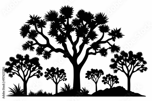 
Joshua tree, black silhouette of joshua tree, cacti, agaves, and prickly pear