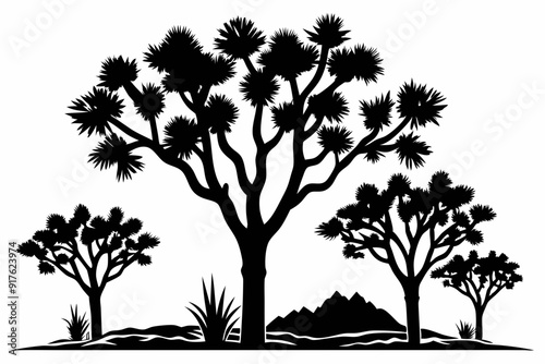 
Joshua tree, black silhouette of joshua tree, cacti, agaves, and prickly pear