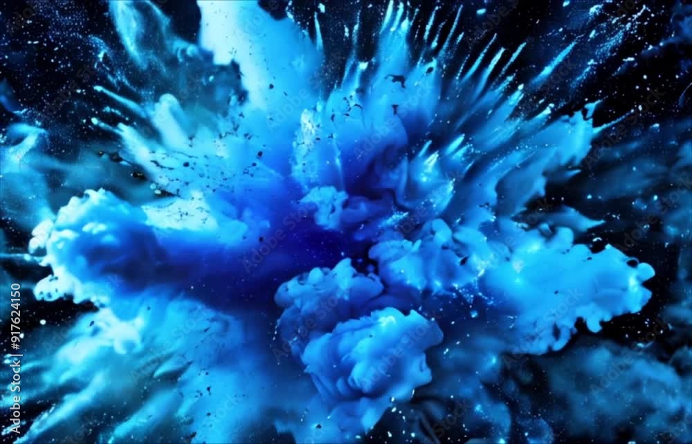 Blue paint explosion splash abstract background. Colorful cloud, dust explode on black