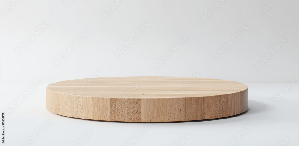 A round wooden platform sits on a white surface, gently illuminated by natural light, casting subtle shadows.