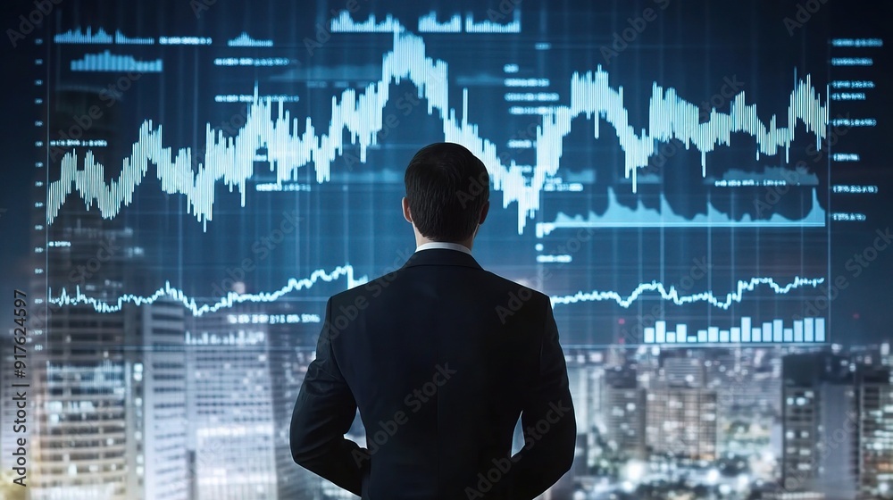 Mastering the Market: A lone businessman, silhouetted against the dazzling cityscape, contemplates intricate financial charts projected across the night sky