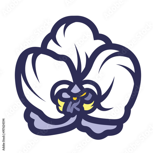 White and yellow moth orchid flower petal colorful icon illustration isolated on square white background. Simple flat outlined cartoon art styled drawing.