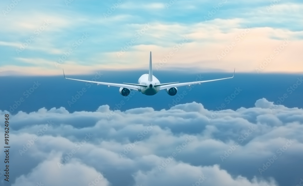 Obraz premium Commercial airplane flying above fluffy clouds during a clear day.
