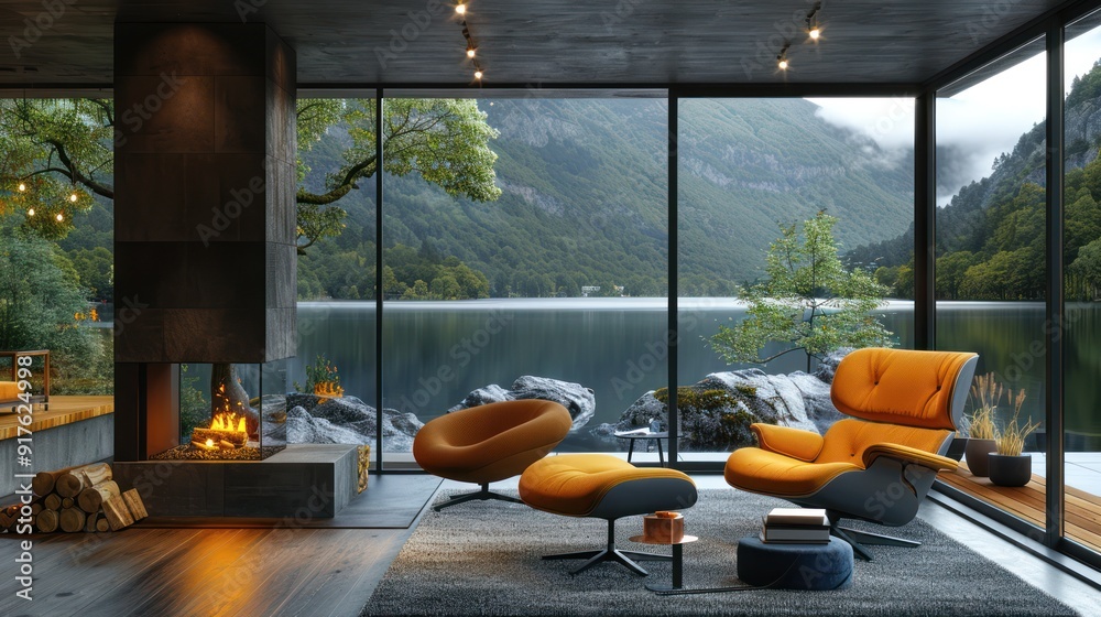 Scandinavian Living Room with Yellow Chair, Blue Sofa, and Fireplace in Modern House by the Lake Scandinavian Living Room with Yellow Chair, Blue Sofa, and Fireplace in Modern House by the Lake