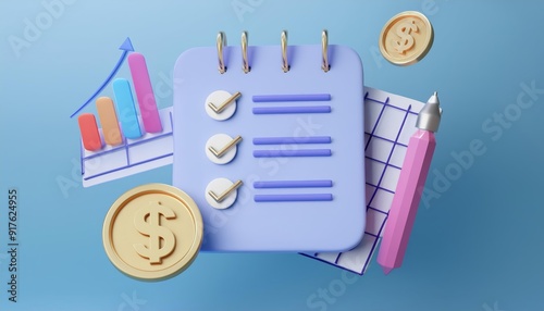 3D checklist a pen a graph and two coins are scattered on a blue background, 3D rendering