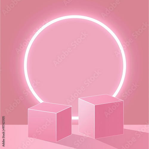 Minimalist pink backdrop with illuminated circular display and two pedestals for product showcasing