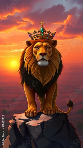 Majestic Lion with Jewel-Encrusted Crown Overlooking Savannah at Sunset - Cartoonish Style