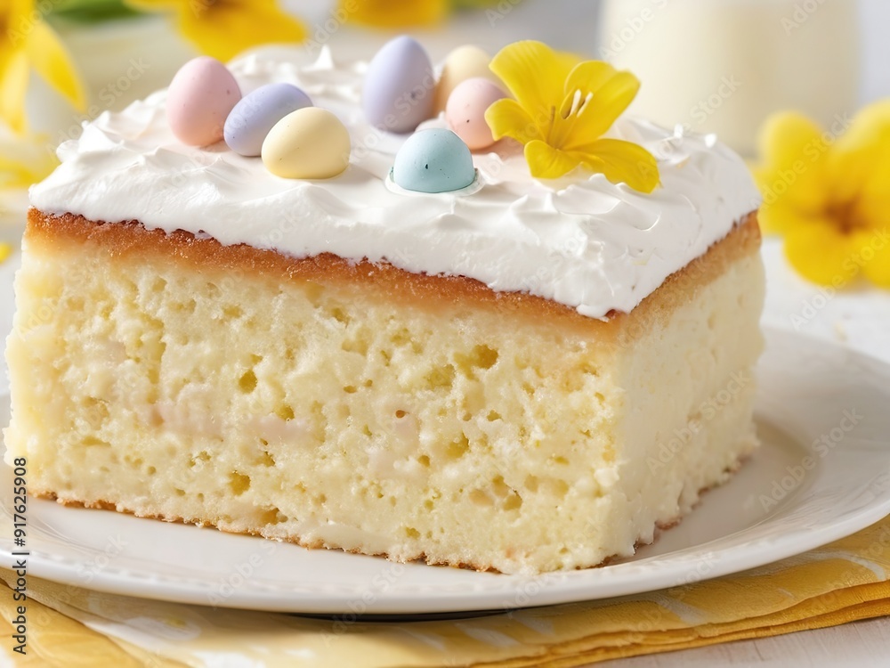 Delicate sponge cake with frosting and Easter decorations Delicate sponge cake with frosting and Easter decorations