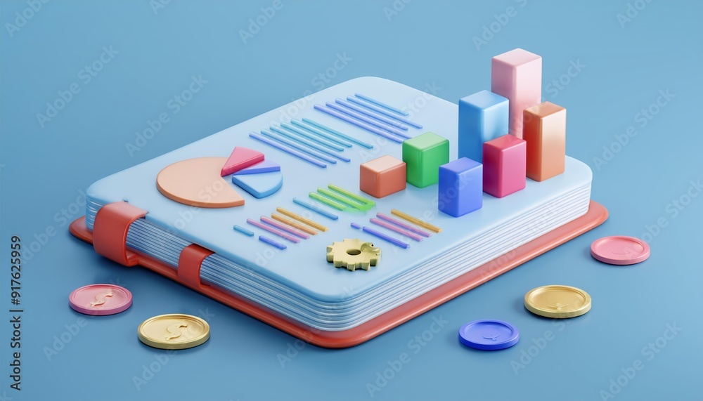 3D colorful notebook with financial charts and graphs, 3D rendering 3D colorful notebook with financial charts and graphs, 3D rendering