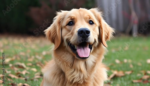 In the bright room, a cute golden retriever is happily lying on the ground, looking very friendly.