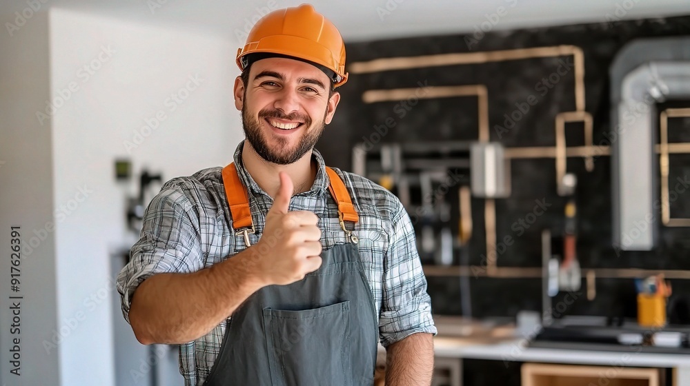 The Reliable Handyman: A cheerful plumber in his element, flashing a thumbs-up, assures quality and expertise for your home repair needs. The Reliable Handyman: A cheerful plumber in his element, flashing a thumbs-up, assures quality and expertise for your home repair needs.