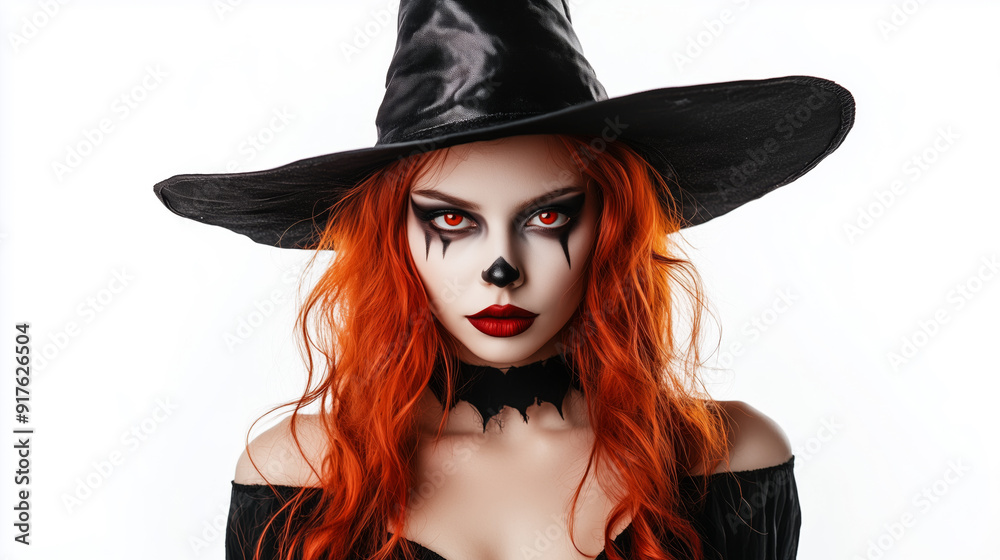 Close-up of a red-haired woman in a black witch hat with dramatic Halloween makeup, spooky Close-up of a red-haired woman in a black witch hat with dramatic Halloween makeup, spooky
