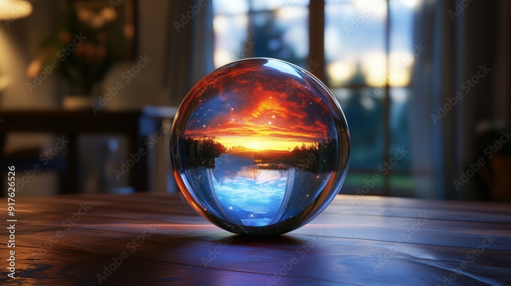A Stunning Glass Sphere Reflecting a Beautiful Sunset Scene A Stunning Glass Sphere Reflecting a Beautiful Sunset Scene