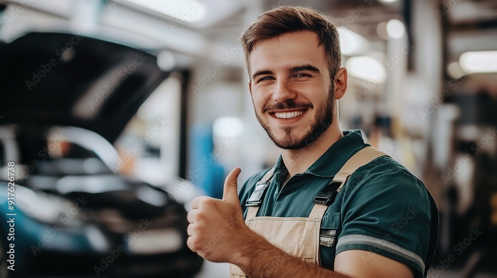 © WS Studio 1985 - Confident Mechanic Thumbs Up: A young mechanic in his element, flashing a confident thumbs-up with a warm smile in a bustling auto repair shop. © WS Studio 1985 - Confident Mechanic Thumbs Up: A young mechanic in his element, flashing a confident thumbs-up with a warm smile in a bustling auto repair shop.