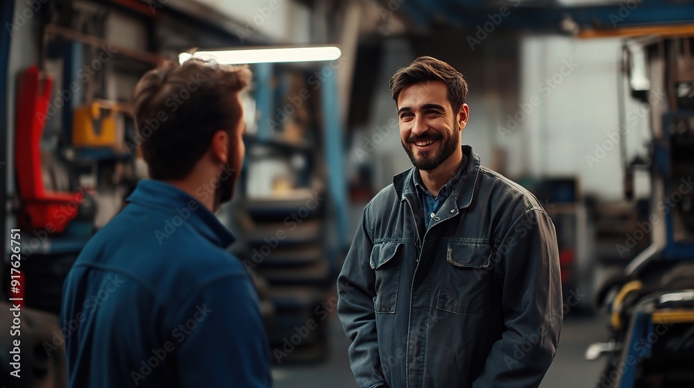 Obraz premium Workshop Camaraderie: Two mechanics in blue coveralls engage in a friendly conversation, showcasing the bonds forged through shared expertise and collaboration in a bustling industrial setting.