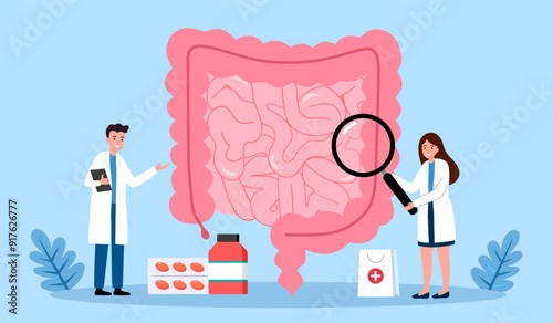 Gut health concept. Male and female doctors checking human intestine. Medical digestive health poster or banner. Health care, diagnosis and treatment option.