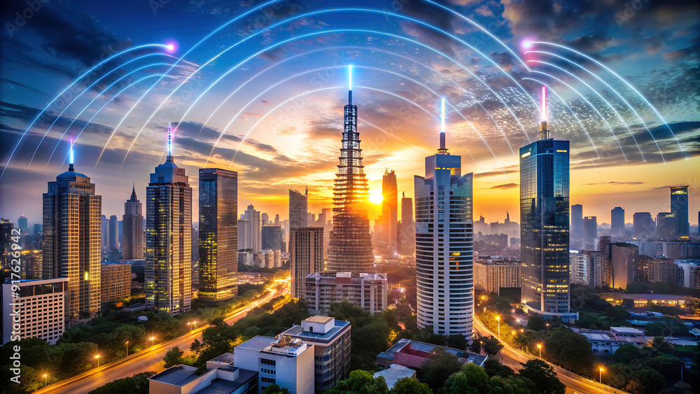 custom made wallpaper toronto digitalModern cityscape at sunset with wireless network connection lines, symbolizing smart city technology