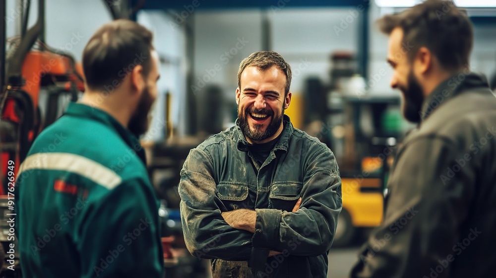Shared Laughter on the Factory Floor: A trio of jovial mechanics share a hearty laugh amidst the industrial backdrop Shared Laughter on the Factory Floor: A trio of jovial mechanics share a hearty laugh amidst the industrial backdrop