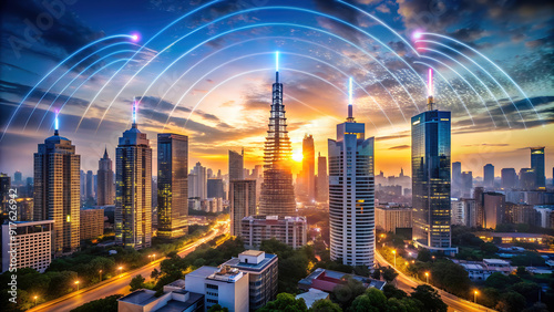 Wallpaper Mural Modern cityscape at sunset with wireless network connection lines, symbolizing smart city technology Torontodigital.ca