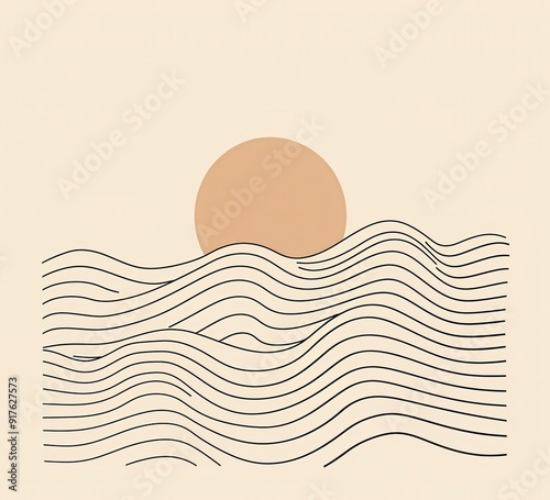 Abstract minimalist line art of the sun setting over a wavy sea. Wavy Nature Graphic