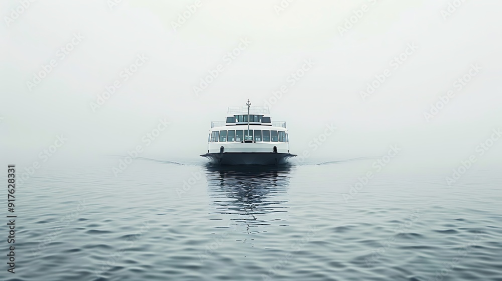 A detailed view of a ferry crossing a calm sea on a white background, capturing the essence of water transport. A detailed view of a ferry crossing a calm sea on a white background, capturing the essence of water transport.