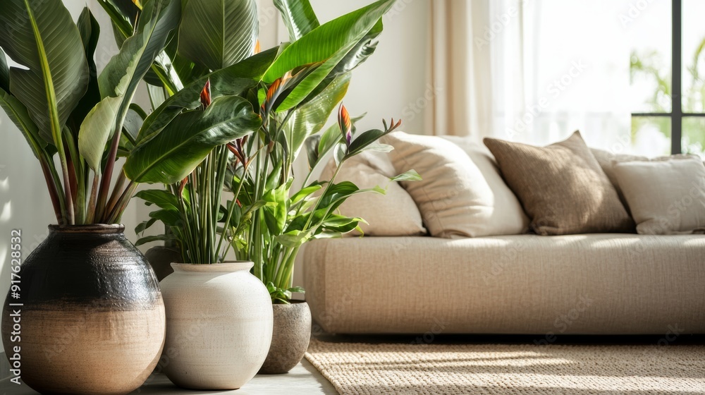 Naklejka premium Large plants in vases arranged on the floor next to a sofa. modern home decor with elegant greenery and soft lighting. Living room, Domestic life, Relax, Safe zone.