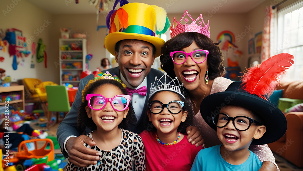 Fototapeta premium Title: A Joyful Family of Four Featuring Two Parents and Two Children