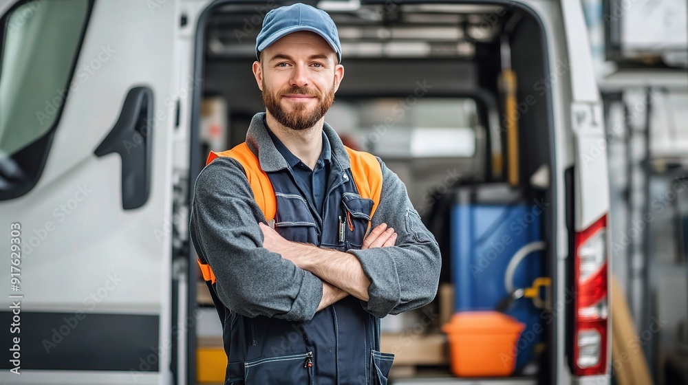 The Reliable Tradesman: A confident worker in uniform smiles at the camera, his van and tools in the background, ready for a day of service. The Reliable Tradesman: A confident worker in uniform smiles at the camera, his van and tools in the background, ready for a day of service.