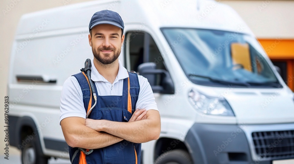 Confident Delivery: A smiling delivery driver in uniform stands proudly with arms crossed in front of his van, ready for the day's work. Confident Delivery: A smiling delivery driver in uniform stands proudly with arms crossed in front of his van, ready for the day's work.