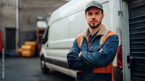 Delivery Driver Confidence: A portrait of a professional delivery driver, arms crossed, standing confidently in front of his white van, projecting reliability and service. 