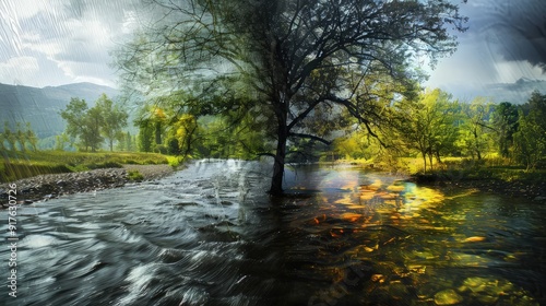 A riverscape where multiple exposures taken during a rainstorm and after, showing the river's transformation from calm to torrential, are seamlessly merged. photo