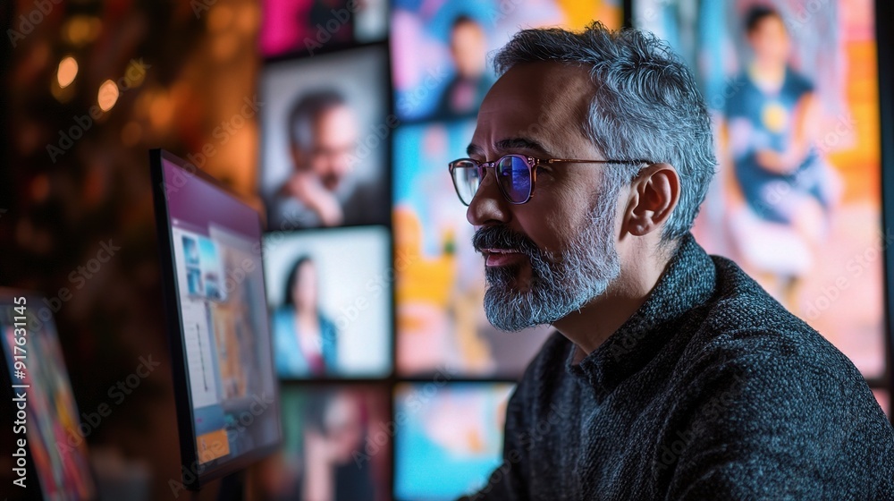 Fototapeta premium Master of the Digital Canvas: A seasoned graphic designer, illuminated by the vibrant glow of his computer screen, meticulously crafts visuals in his neon-lit studio. 