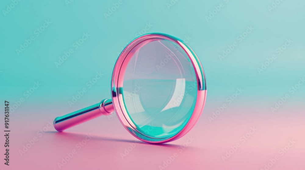 Modern magnifying glass with vibrant pink and blue colors against a pastel gradient background, representing search and discovery. Modern magnifying glass with vibrant pink and blue colors against a pastel gradient background, representing search and discovery.