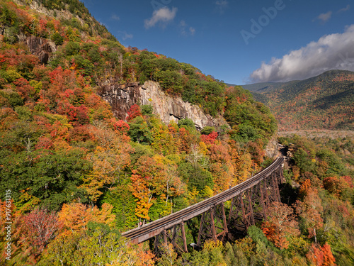 Scenic train at Trestle bridge in North Conway in Autumn, New Hampshire