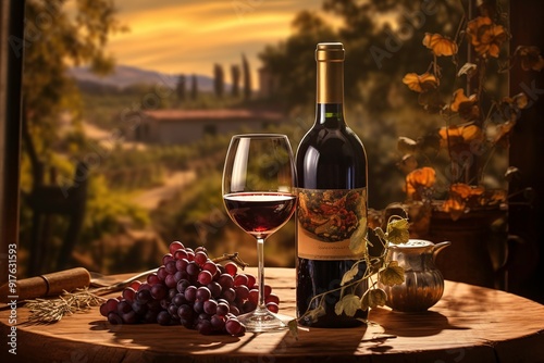 A Glass of Red Wine, a Bottle, and Grapes on a Wooden Table