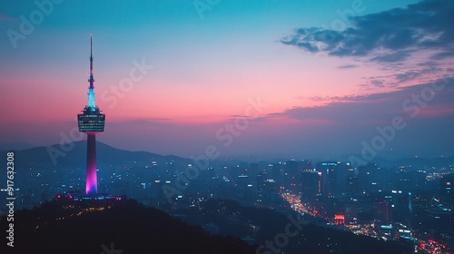 Seoul Skyline at Twilight: A panoramic view of Seoul, South Korea, as dusk paints the sky with vibrant hues, illuminating the iconic N Seoul Tower and the cityscape below.   photo