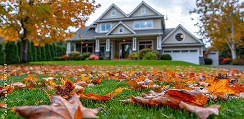 Fototapeta Naklejka Na Ścianę i Meble -  Cottage house with leaves on the front lawn, fall season