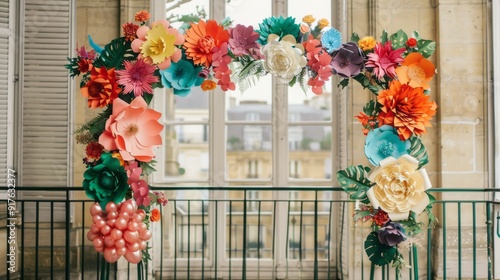 modern wedding arch on the old balcony in paris , next to the arch there are giant colorful paper flowers standing on tall green stands photo